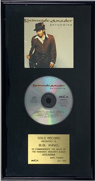 MCA Gold Record Award to B.B. King for 1995 Album <em>Gerundina</em> - with Photo of King Receiving the Award!
