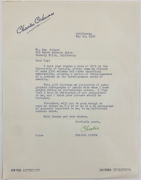 Golden Age Actor Charles Coburn (<em>Gentleman Prefer Blondes</em>) Signed Letter to Ray Bolger Requesting a Signed Photo for His Collection (BAS)
