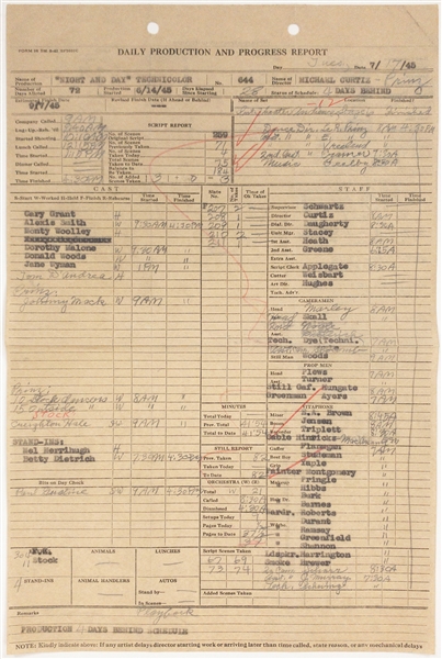 1945 Daily Production Report for the Film <em>Night and Day</em> with Cary Grant, Alexis Smith, Monty Wooley and Jane Wyman Referenced