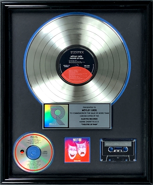 RIAA Quadruple Platinum Record Award for Mötley Crüe 1985 LP <em>Theatre of Pain</em> - “Presented to Mötley Crüe” - Certified in 1995