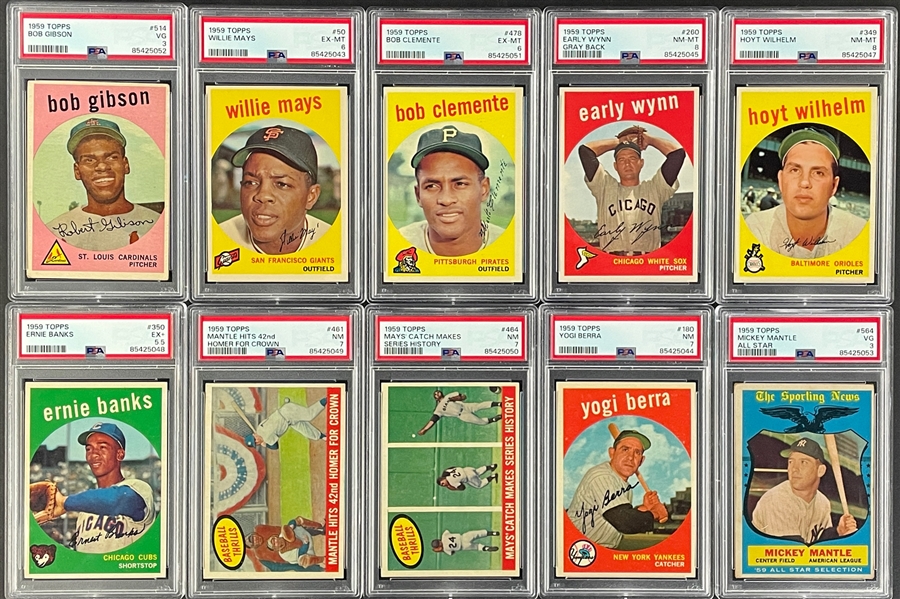 1959 Topps Baseball Complete Set (572) with #10 Mantle PSA VG-EX 4 and #514 Gibson Rookie PSA VG 3