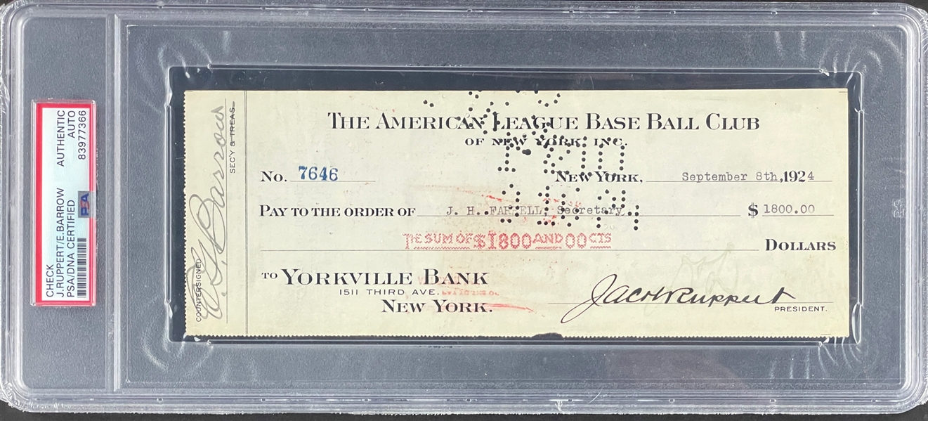 1924 New York Yankees Check Signed by Jacob Ruppert and Ed Barrow - Encapsulated PSA/DNA