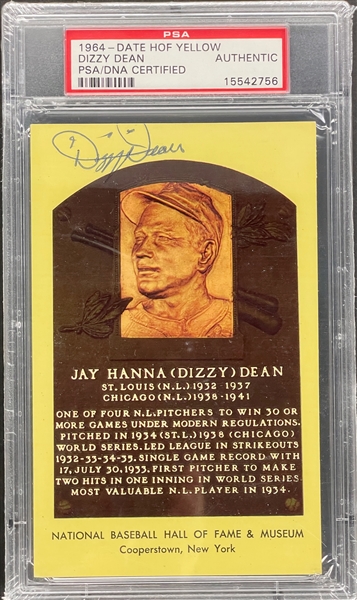Dizzy Dean Signed Yellow Hall of Fame Plaque Encapsulated PSA/DNA