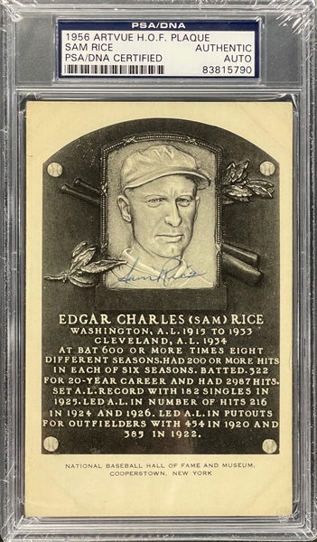 Sam Rice Signed Black and White Hall of Fame Plaque Encapsulated PSA/DNA