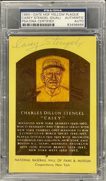 Casey Stengel Twice-Signed Yellow Hall of Fame Plaque Encapsulated PSA/DNA