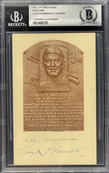 Arky Vaughan and Lloyd Waner Signed Sepia Christy Mathewson Hall of Fame Plaque Encapsulated PSA/DNA