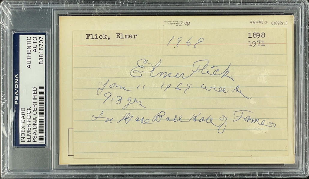 Elmer Flick Signed and Notated Index Card with Dexter Hall of Fame Plaque Encapsulated PSA/DNA