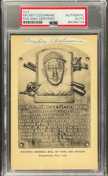Mickey Cochrane Cut Signature on Black and White Albertype Hall of Fame Plaque Encapsulated PSA/DNA