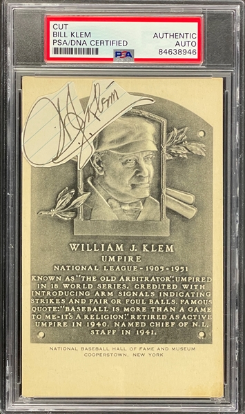 Bill Klem Cut Signature on Black and White Hall of Fame Plaque Encapsulated PSA/DNA
