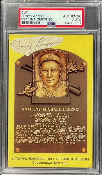 Tony Lazzeri Cut Signature on Yellow Hall of Fame Plaque Encapsulated PSA/DNA