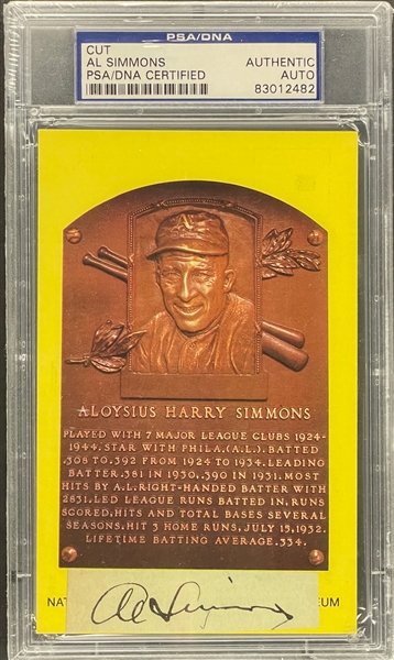 Al Simmons Cut Signature on Yellow Hall of Fame Plaque Encapsulated PSA/DNA