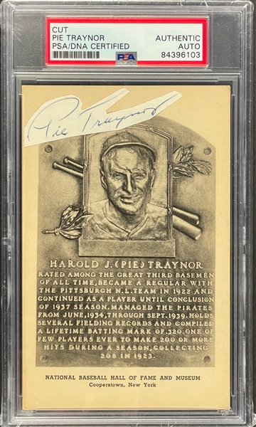 Pie Traynor Cut Signature on Black and White Hall of Fame Plaque Encapsulated PSA/DNA