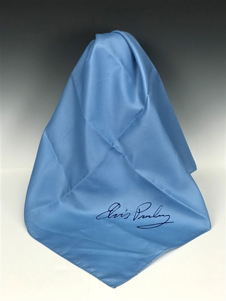 Elvis Presley Stage-Worn Blue Scarf with Facsimile Signature Given to a Fan in Concert at the Las Vegas Hilton December 3, 1976, with Photo of Elvis on Stage