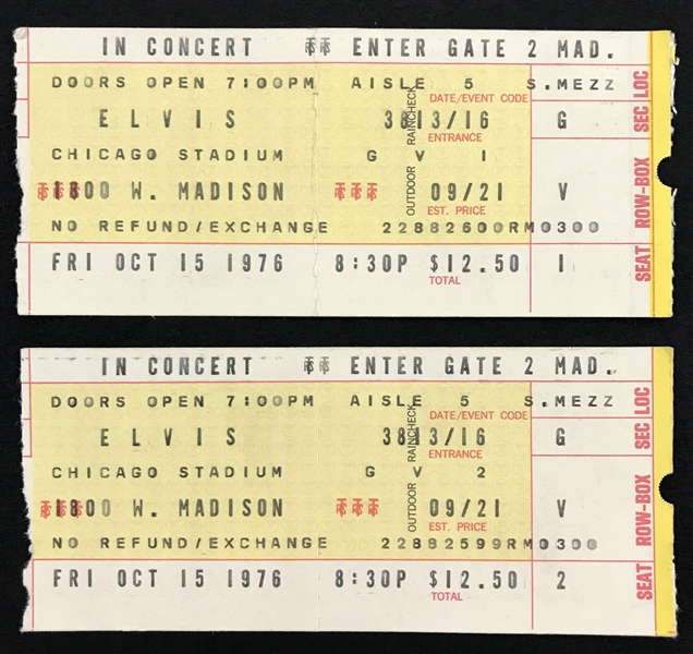 Two Ticket Stubs for Elvis Presley Concert on October 15, 1976, at Chicago Stadium and Scrapbook with 16 Pages of Newspaper Clippings About the Show