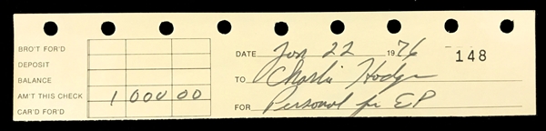 Elvis Presley Handwritten $1,000 Check Stub from January 22, 1976, “Personal for EP”