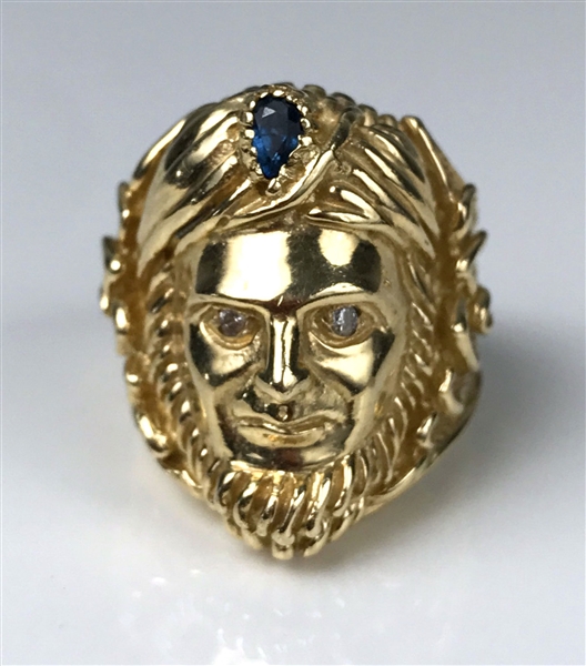 Elvis Presley Owned "Egyptian Pharaoh Head" 14k Gold Ring with Blue Sapphire and Diamond Eyes Gifted to Memphis Mafia Member Marty Lacker