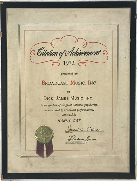 1972 BMI Award for Elton Johns Single “Honky Cat” Awarded to His Publishing Company “Dick James Music, Inc.”