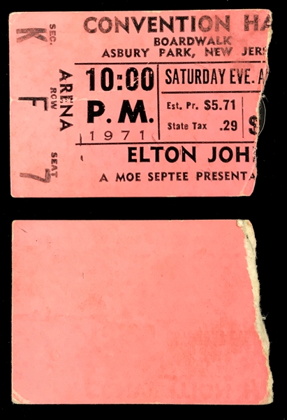 August 28, 1971 Concert Ticket Stub for Elton John at the Asbury Park, New Jersey Convention Hall