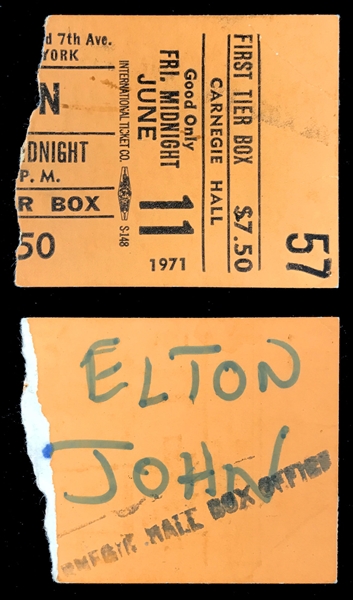 June 11, 1971, Concert Ticket Stub for Elton Johns Concert at Carnegie Hall