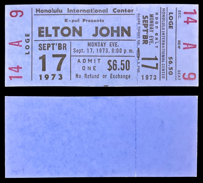 Rare FULL TICKET for September 17, 1973, Elton John Concert in Honolulu, Hawaii