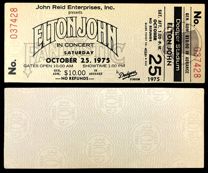 October 25, 1975, Concert FULL TICKET for Elton John at Dodger Stadium with 11 x 14 Photo of Elton on Stage