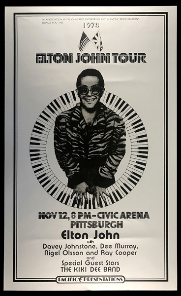 "1974 Elton John Tour” Concert Poster for November 12 Show at Pittsburghs Civic Arena - with The Kiki Dee Band