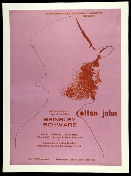 May 15, 1971 Elton John Concert Poster from Cancelled Concert at the University of New Mexico with Brinsley Schwartz - Linen Backed