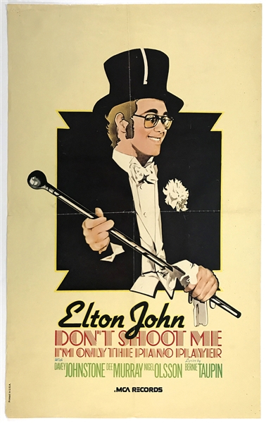 1973 Elton John MCA Records Poster for <em>Dont Shoot Me Im Only the Piano Player</em> with Iconic Top Hat and Tails Image