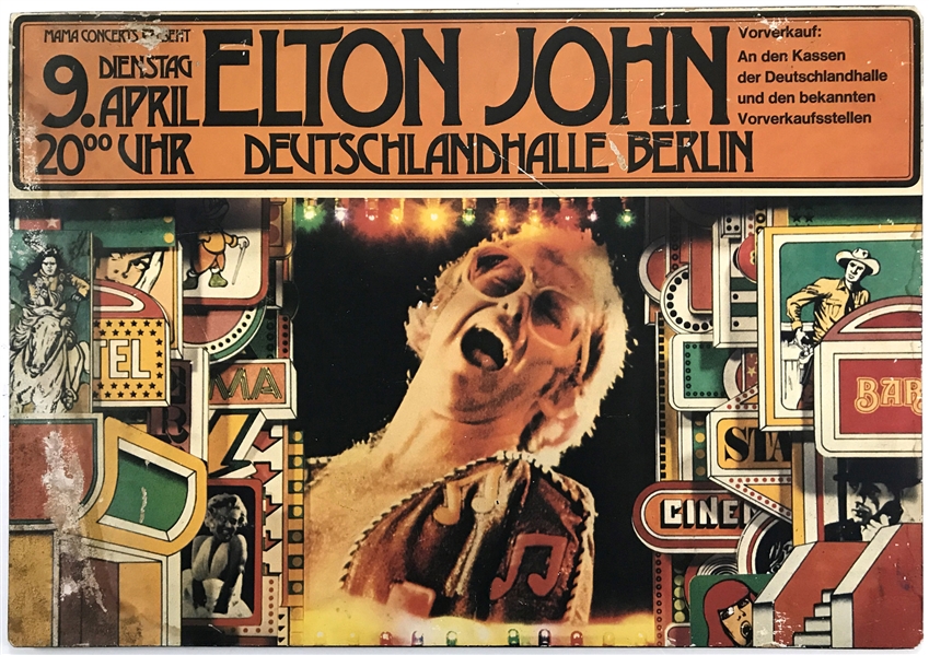 1974 Elton John Concert Poster for April 9, 1974 Show at Berlins Duetschlandhalle with Incredible Artwork - Mounted for Display