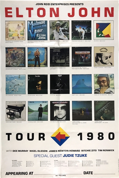 Elton John “Tour 1980” Concert Tour/Record Store Poster Featuring 20 Album Covers and Every Tour Date 