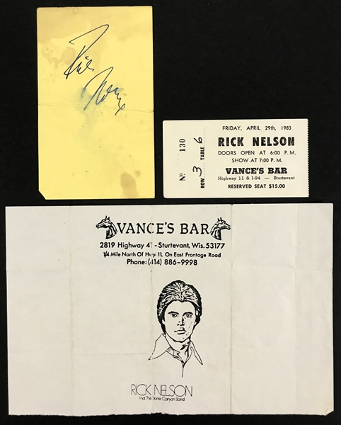 Rick Nelson Signed Drink Receipt Plus Handbill and Ticket Stub from April 29, 1983, Concert