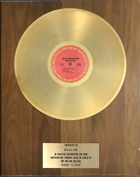 1975 Columbia Records In-House Gold Record Award for Bruce Springsteens LP <em>Born to Run</em> - Presented to Radio Station WCAO