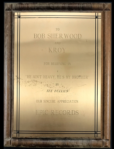 1970 EPIC Records In-House Gold Record Award for The Hollies “He Aint Heavy, Hes My Brother" - Awarded to Bob Sherwood and Radio Station KROY