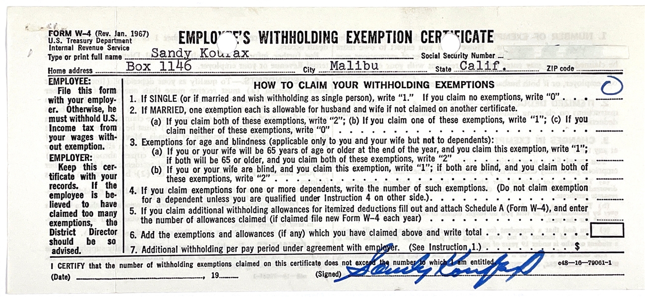 Sandy Koufax Signed 1967 IRS W-4 Form for His First Year of Retirement from the Los Angeles Dodgers