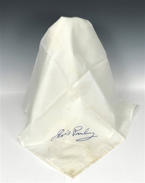 Elvis Presley Stage-Worn White Scarf (Blue Facsimile Signature) Handed to a Fan from the Stage on December 28, 1976, in Dallas, Texas, with Ticket Stub and Other Ephemera (6 Pieces Total)