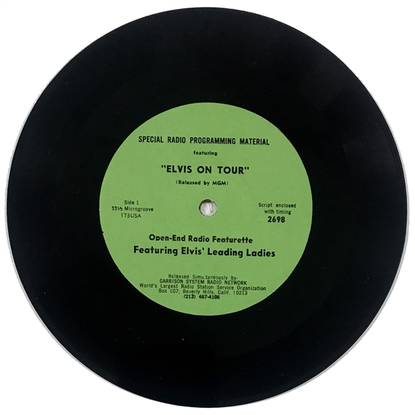 1972 <em>Elvis on Tour</em> “Special Radio Programming Featuring Elvis Leading Ladies” Advertising 33 1/3 RPM 7 Inch Record with Original DJ Script