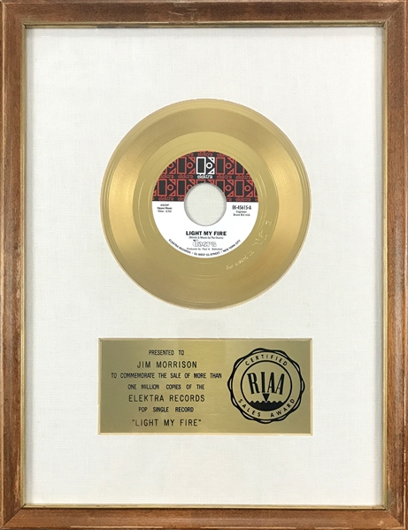 RIAA Gold Record Award for The Doors 1967 Single "Light MY FIRE" - Awarded in 1967 - Early White Linen Matte Style
