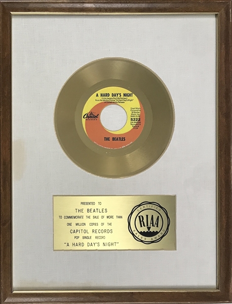 RIAA Gold Record Award for The Beatles 1964 Single "A Hard Days Night" - Awarded in 1964 - Early White Linen Matte Style