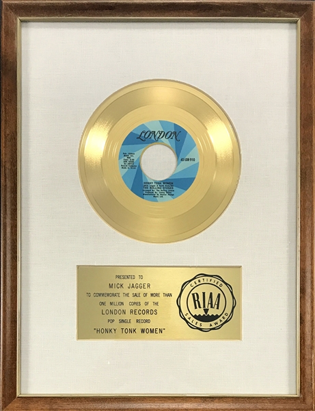 RIAA Gold Record Award for The Rolling Stones 1968 Single "Honky Tonk Woman" - Awarded in 1969 - Early White Linen Matte Style