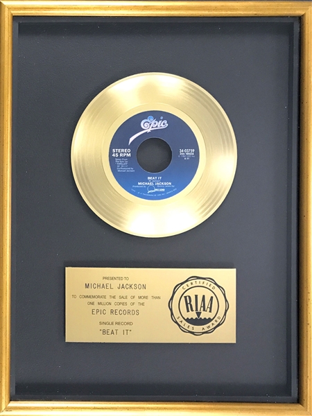 RIAA Gold Record Award for Michael Jacksons 1983 Single "Beat It" - Certified May 9, 1983 