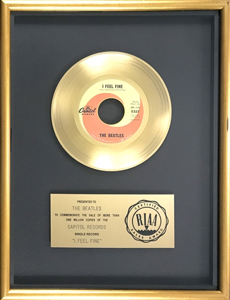 RIAA Gold Record Award for The Beatles 1964 Single "I Feel Fine" - Originally Certified in 1964