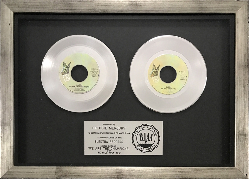 RIAA Double Platinum Award for Queens 1977 Single "We Will Rock You" and "We are the Champions"