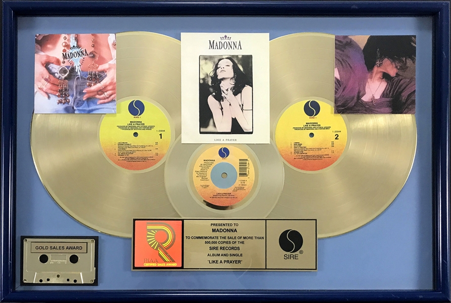 RIAA Gold Record Award for Madonnas 1989 LP and Single <em>Like a Prayer</em> - Both Certified Gold in 1989
