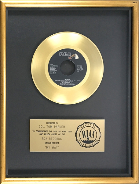 RIAA Gold Record Award for Elvis Presleys 1977 Single "My Way" - Certified in 1978