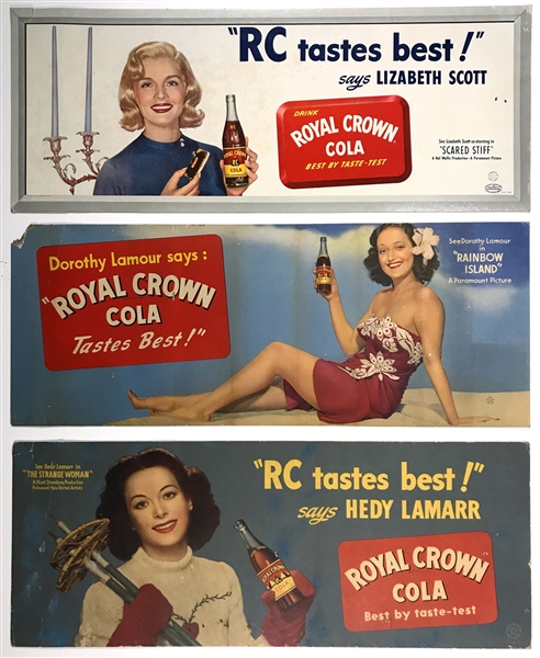 1940s-50s Royal Crown Cola Store Displays/Soda Cooler Signs Featuring Hollywood Starlets Heddy Lamar, Dorothy Lamour and Lizabeth Scott