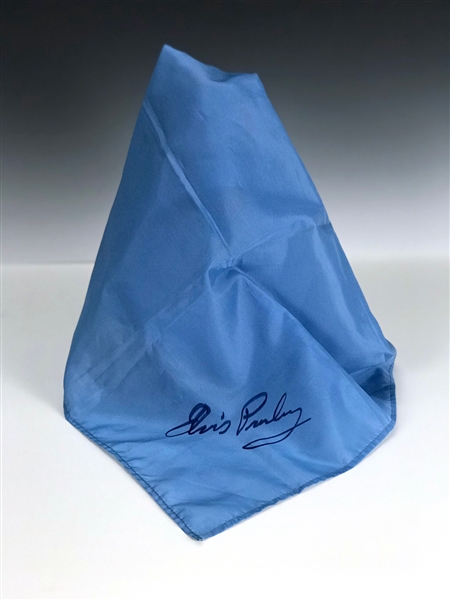 Elvis Presley Stage-Worn Blue Facsimile Signature Scarf Given to a Fan From the Stage in Asheville, North Carolina in July 1975