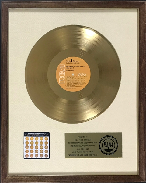 RIAA Gold Record Award for Elvis Presley’s 1970 LP <em>Worldwide 50 Gold Award Hits, Vol. 1</em> - "To Col. Tom Parker" - Certified in 1973 - White Linen Matte Style