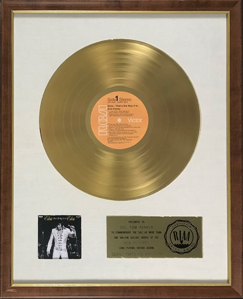 RIAA Gold Record Award for Elvis Presley’s 1970 LP <em>Elvis: That’s the Way It Is</em> - "To Col. Tom Parker" - Certified in 1973 - White Linen Matte Style