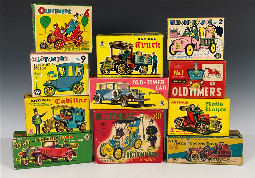 1950s to 1970s Collection of 12 “Old Timer” Friction Toys in Original Boxes - Line Mar, SSS, K and Modern Toys Brands