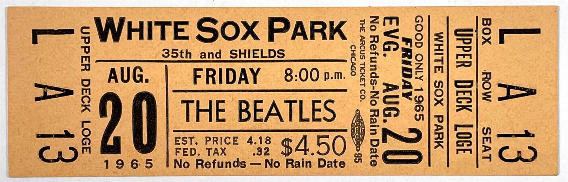Gorgeous 1965 FULL Ticket for Beatles August 20, 1965 Concert at White Sox Park